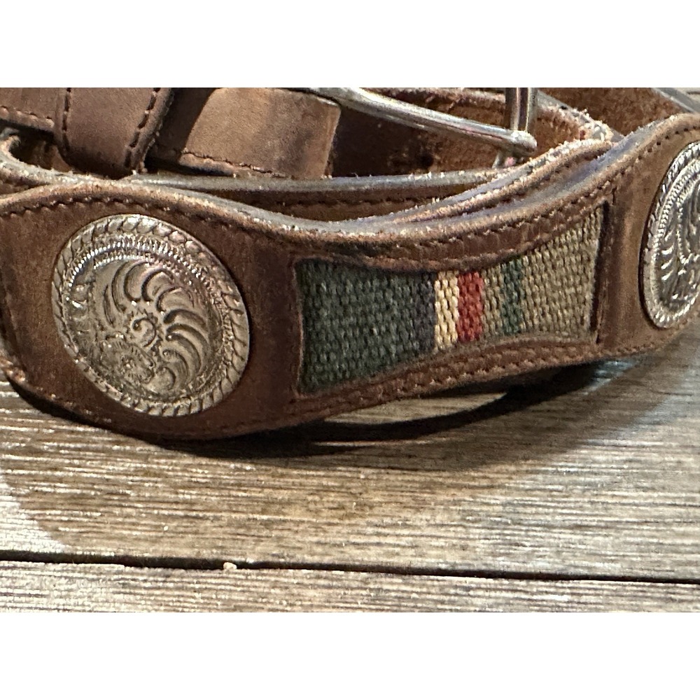 3D DDD Men's Brown Blanket Inlay Western leather Belt Sz 44 Aztec silver accents